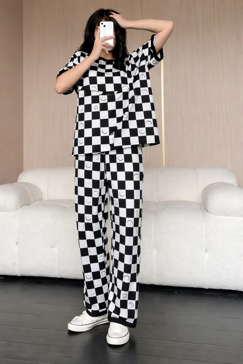 Black and White Check Smile Printed half sleeves night suit for her