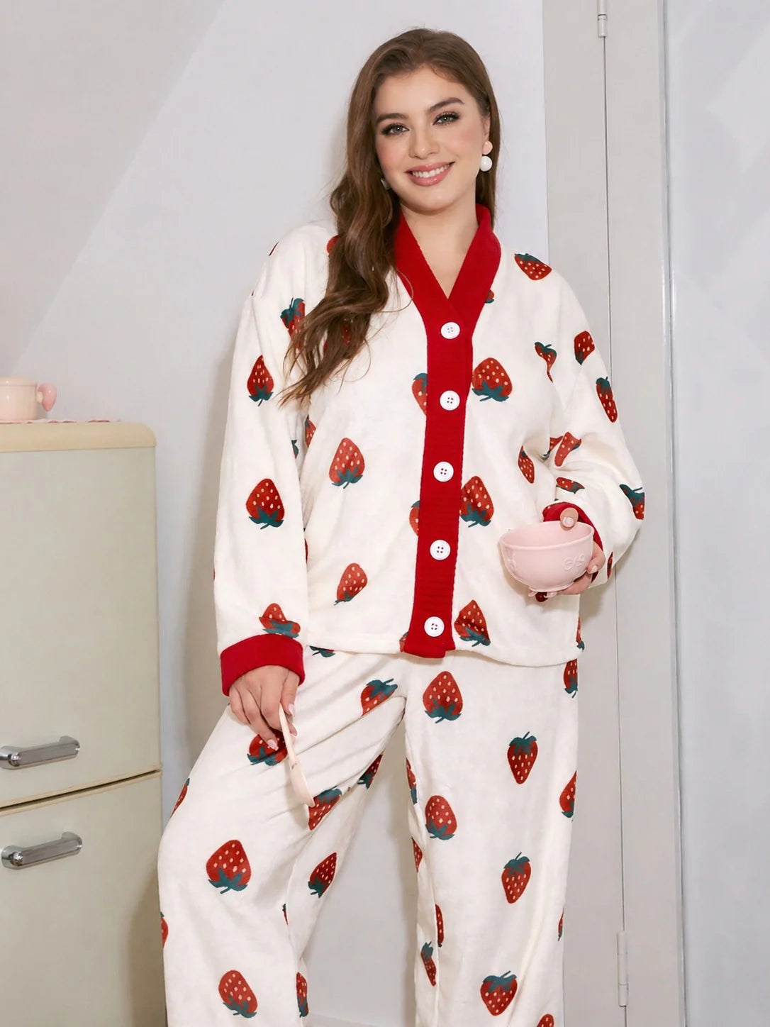 White With Red Strawberries Printed Button Style Night Suit For Her