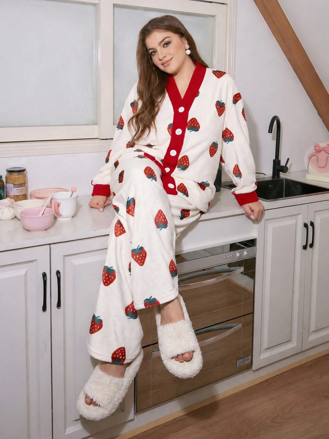 White With Red Strawberries Printed Button Style Night Suit For Her