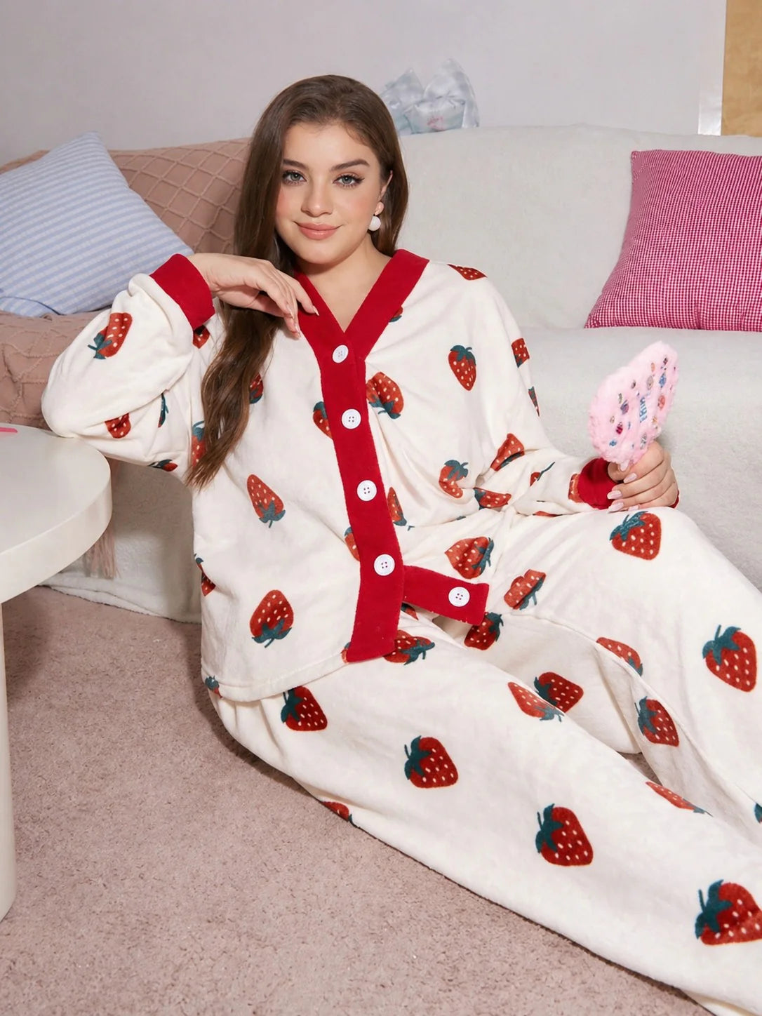 White With Red Strawberries Printed Button Style Night Suit For Her