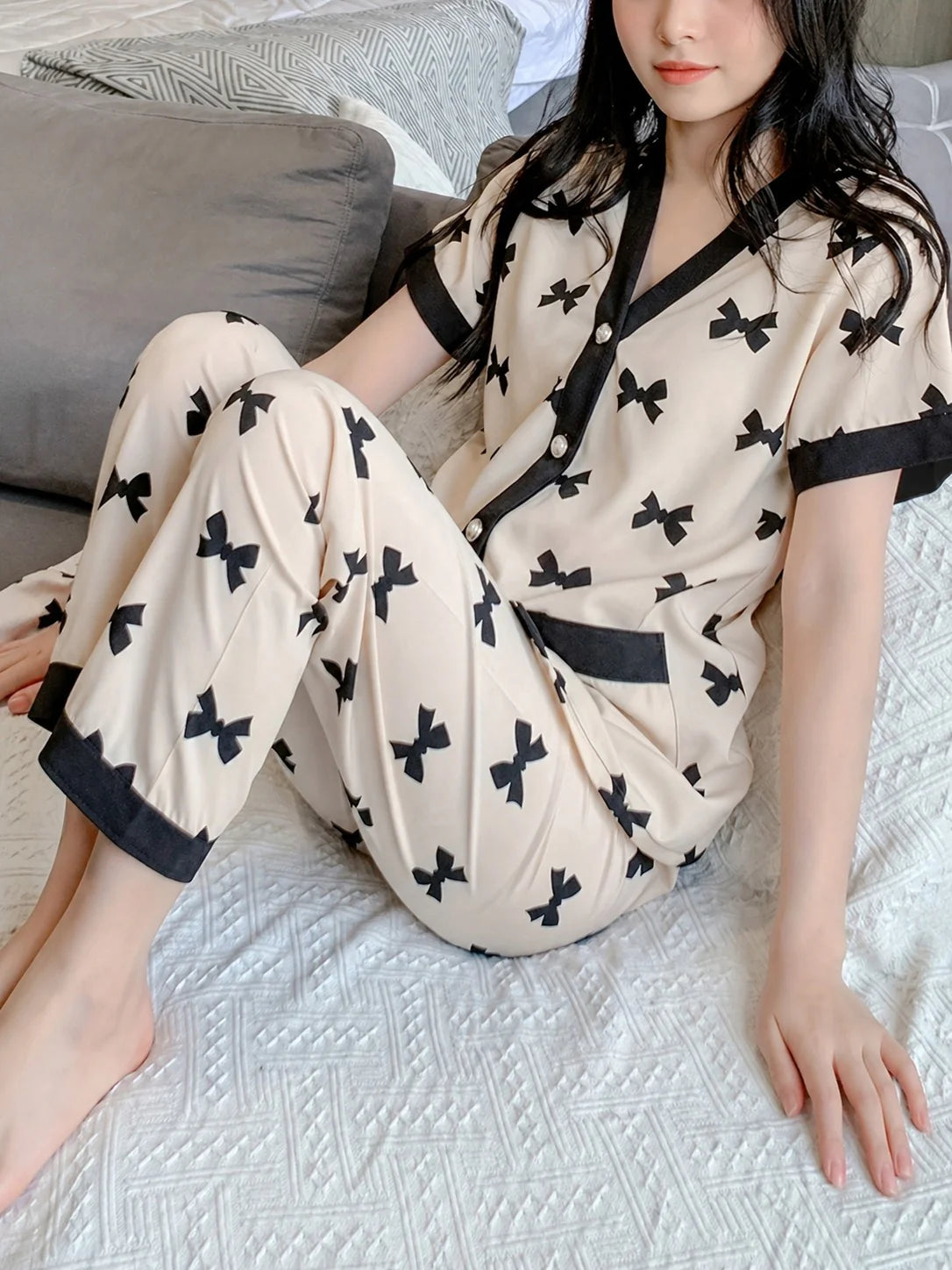 White With Black Bow Printed Button Style Night Suit For Her