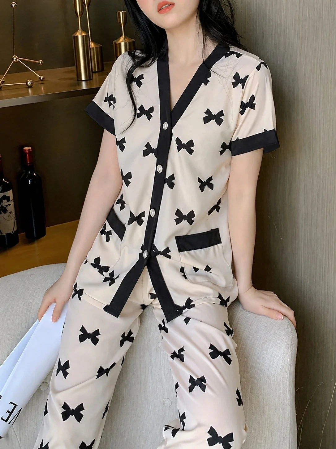 White With Black Bow Printed Button Style Night Suit For Her