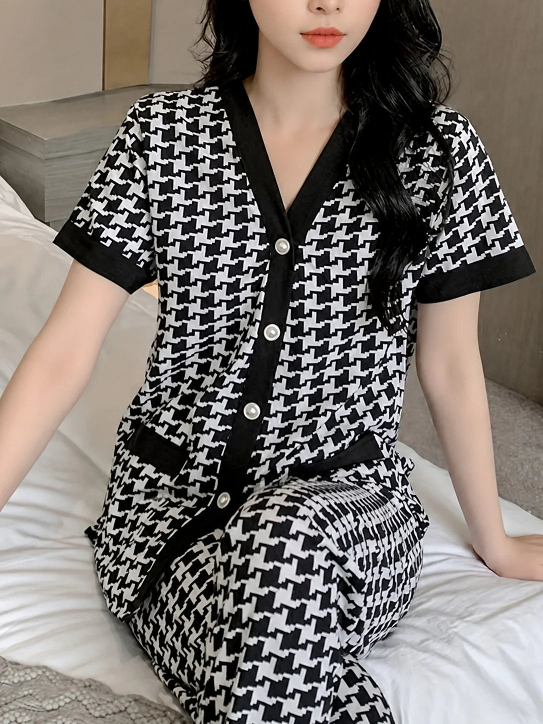 Black And White Small Check Printed Half Sleeves Button Style Night Suit For Her