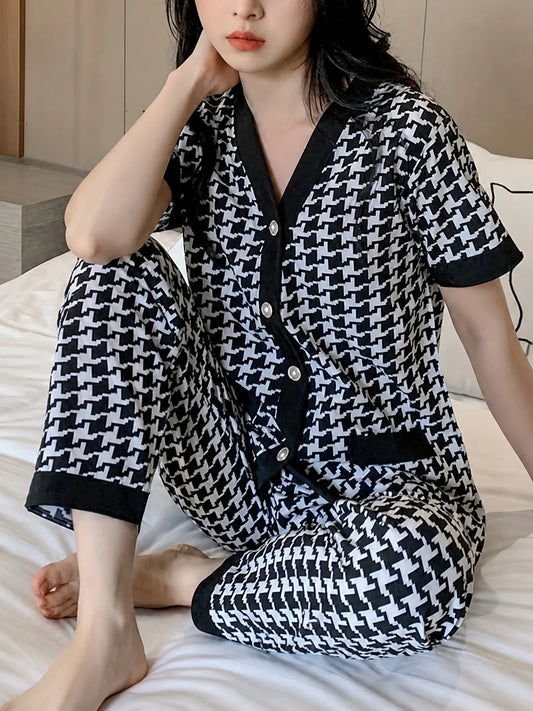 Black And White Small Check Printed Half Sleeves Button Style Night Suit For Her