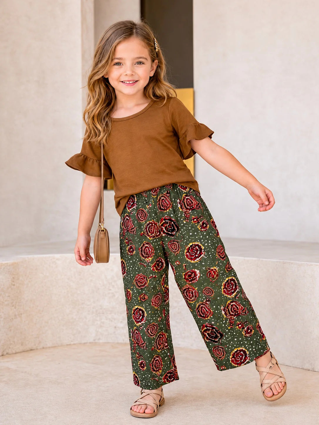 Plain Brown T-shirt With Green Flowers Printed Touser Kid Suit