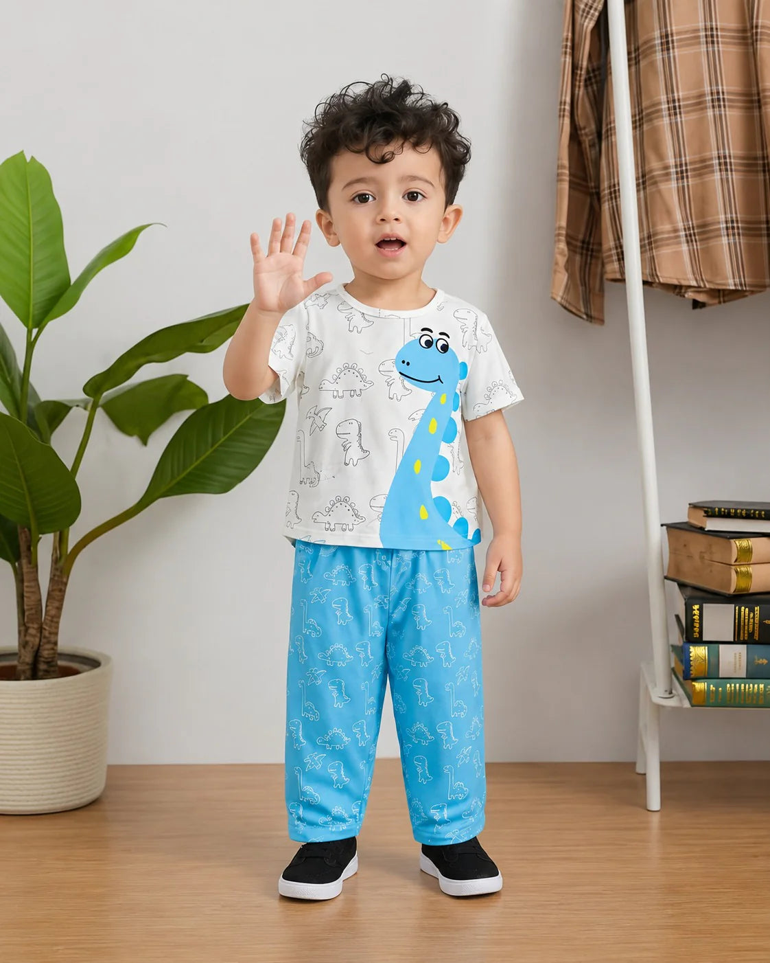 White With Blue Dino Printed Kid Suit
