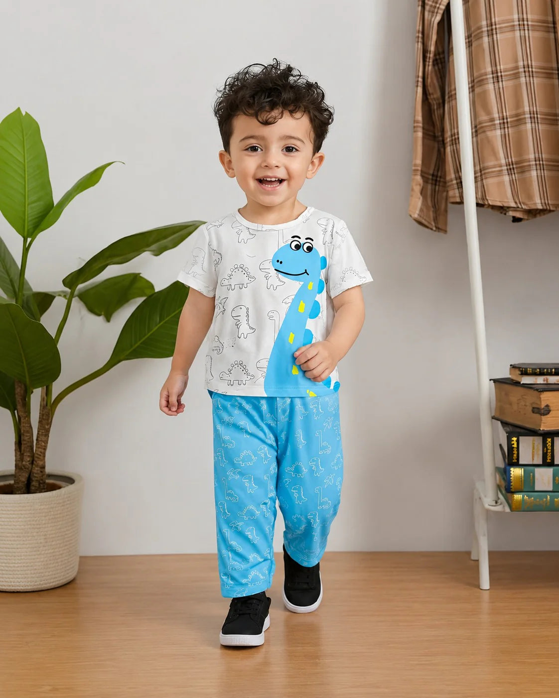 White With Blue Dino Printed Kid Suit