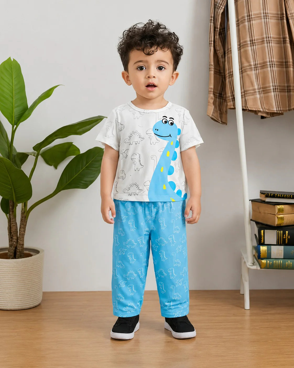 White With Blue Dino Printed Kid Suit