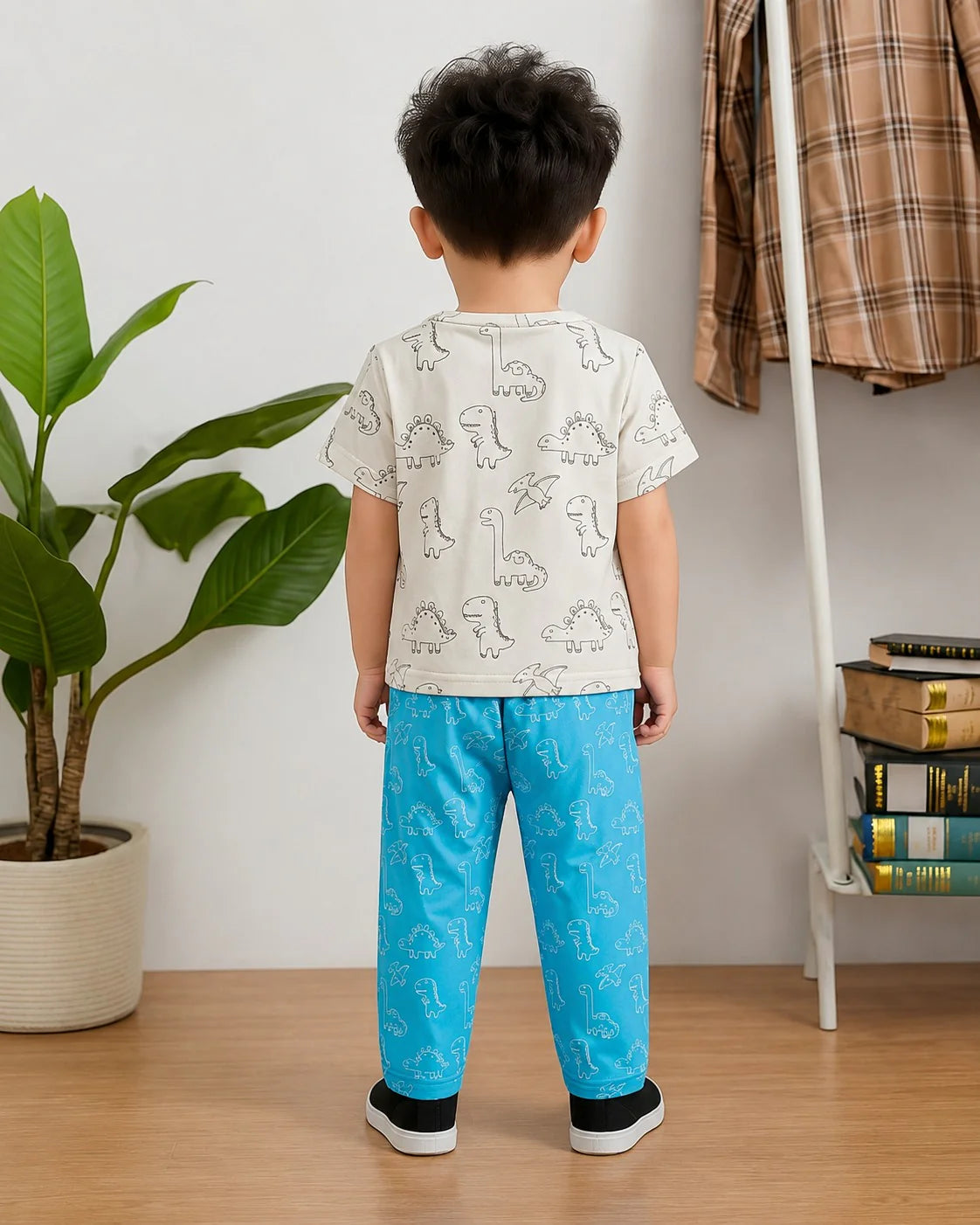 White With Blue Dino Printed Kid Suit