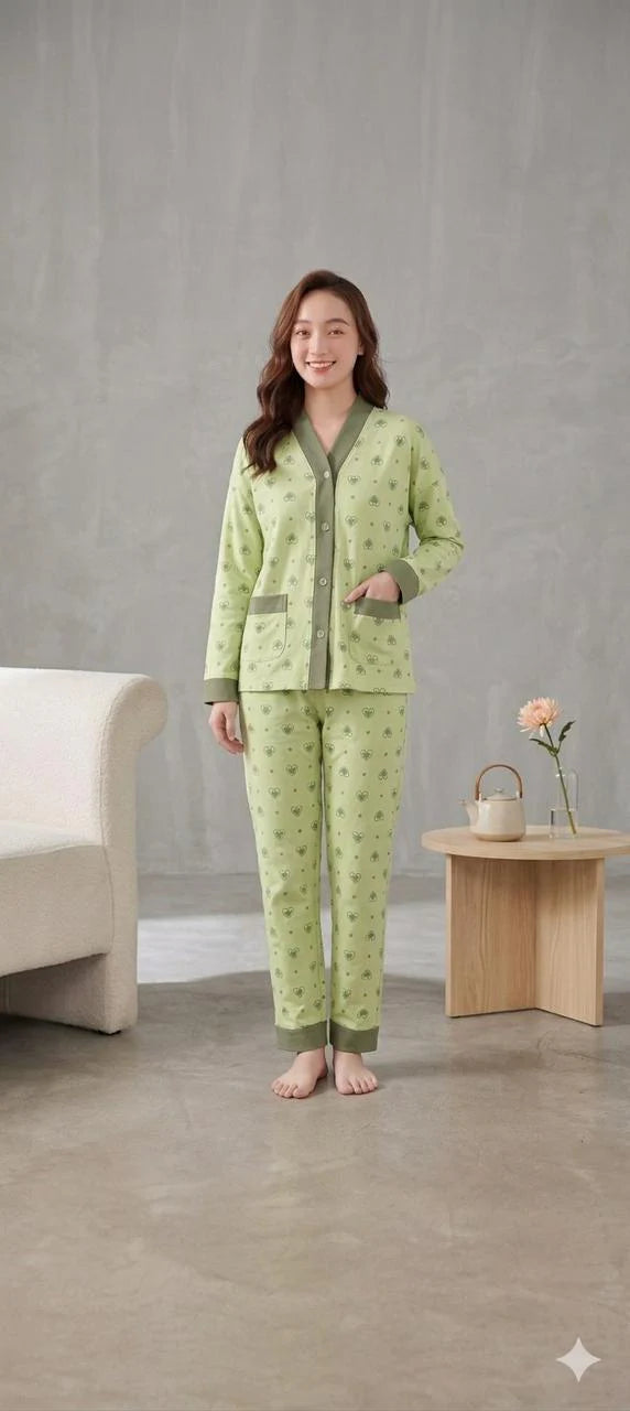 Green All Over Hearts Printed Button Style Night Suit For Her