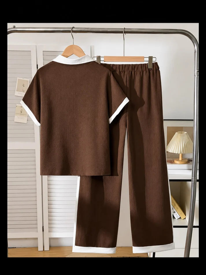 Brown With White Collar Co-Ord Set