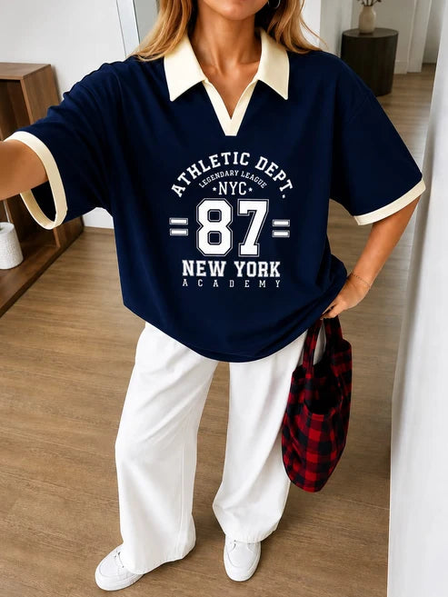 Navy Blue NYC Oversized Polo With White Baggy Trouser Set
