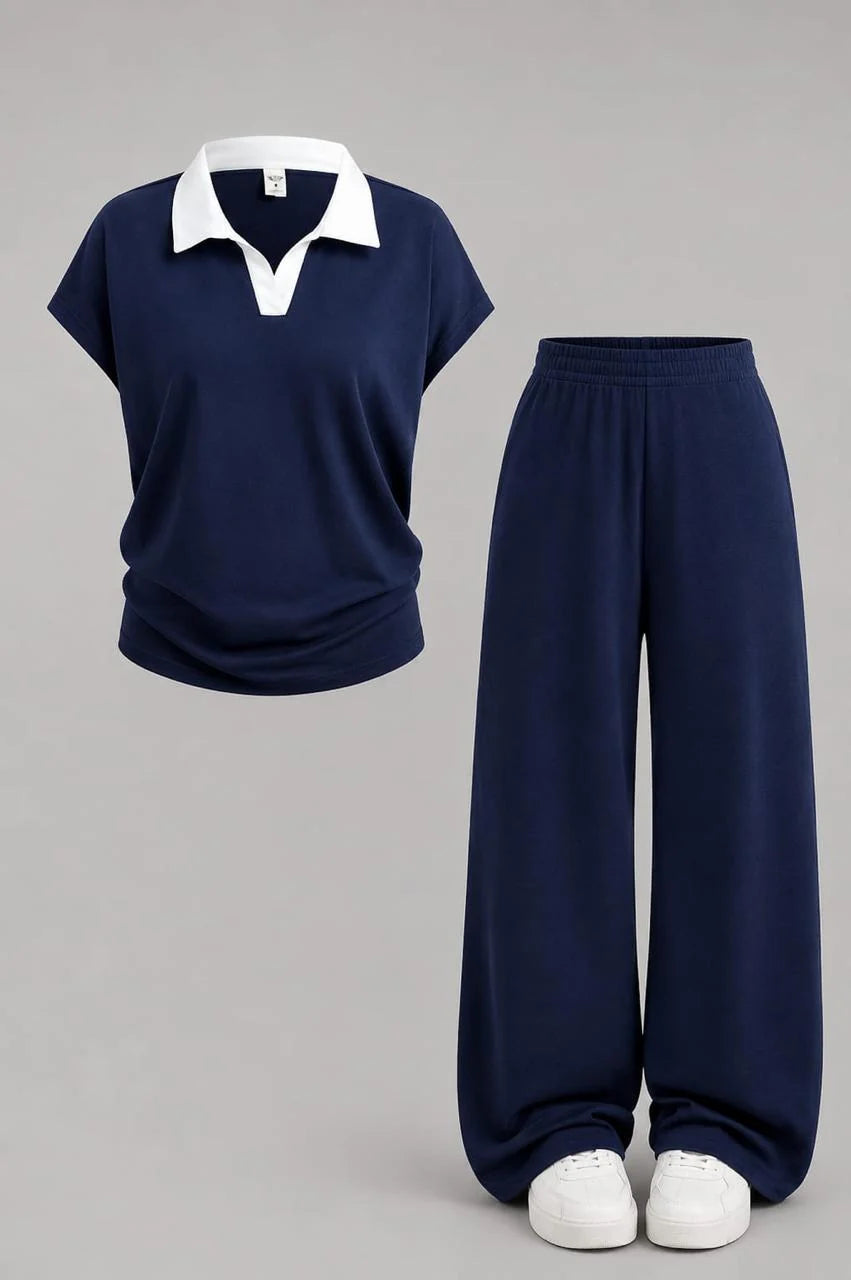 Navy Blue White Collar Co-Ord Set