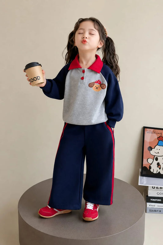 Grey And Navy Blue Cute Puppy Print Kids Track Suit