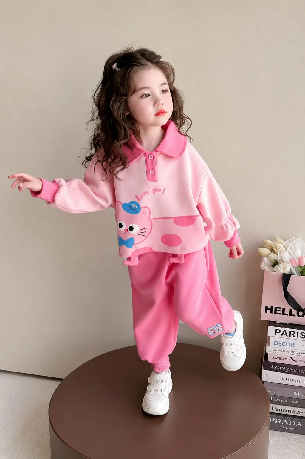 Pink Cute Kitty Lets Go Printed Kids Track Suit