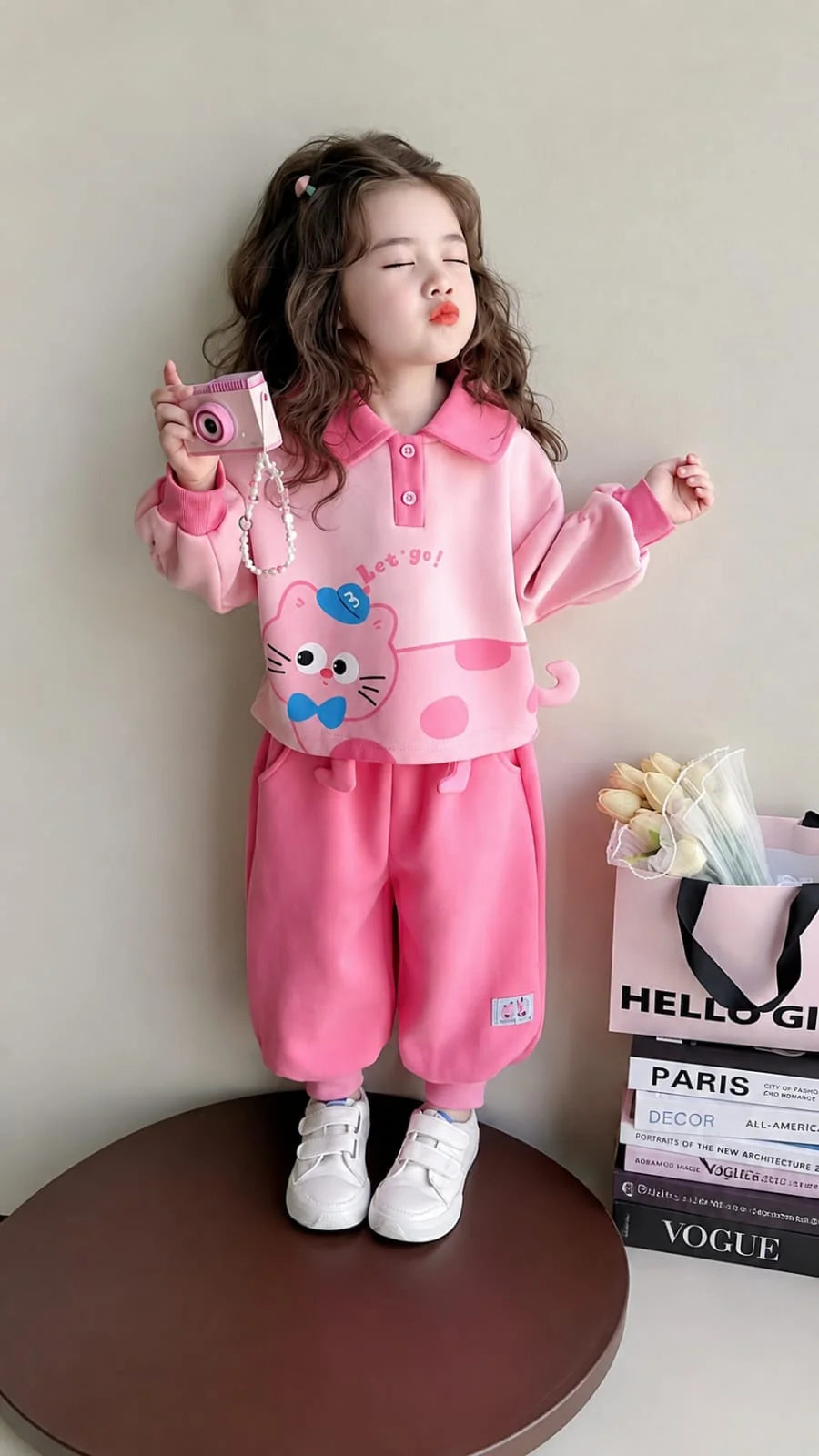 Pink Cute Kitty Lets Go Printed Kids Track Suit