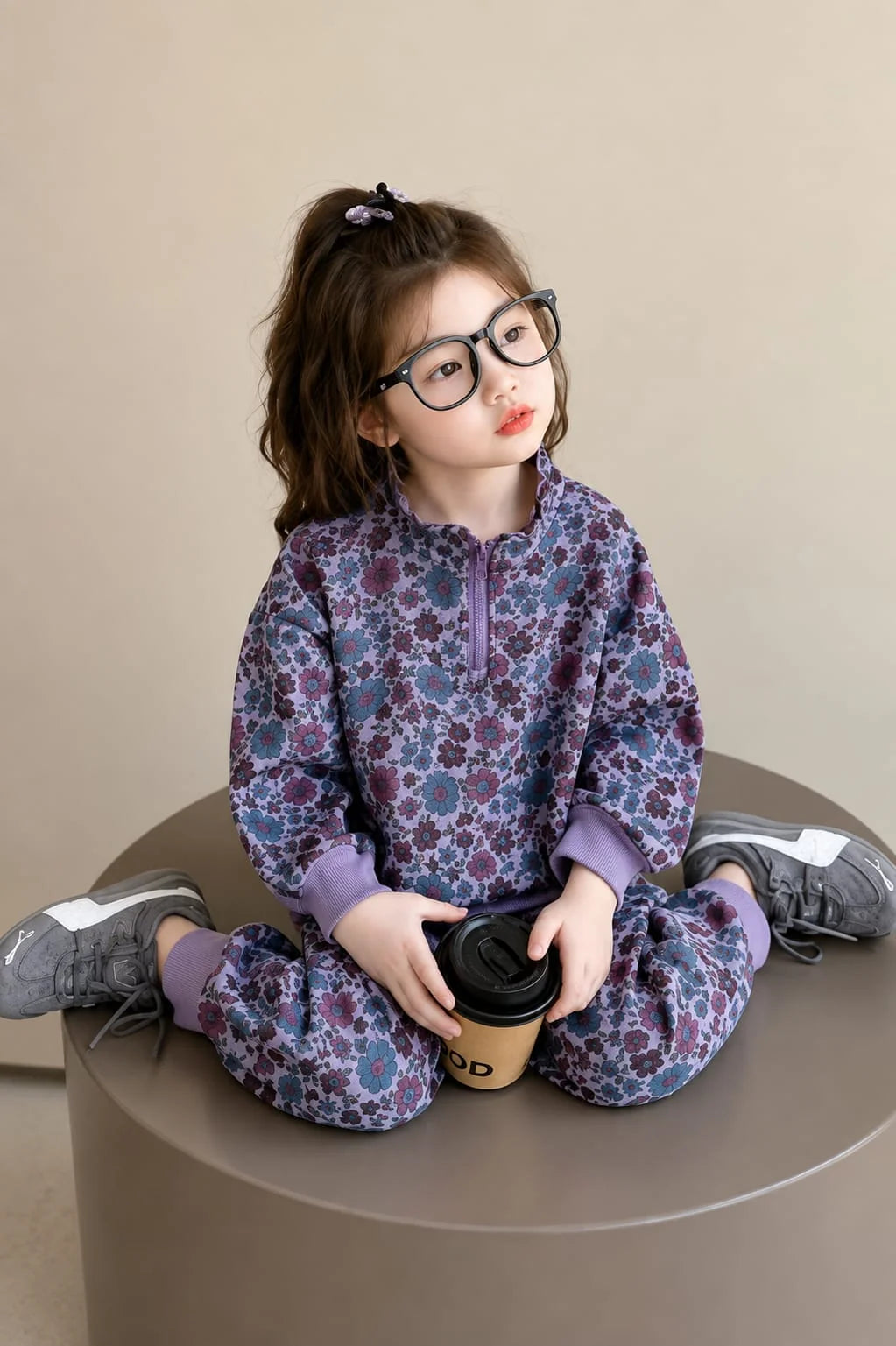 Purple Flowers Printed Half Zipper Kids Track Suit
