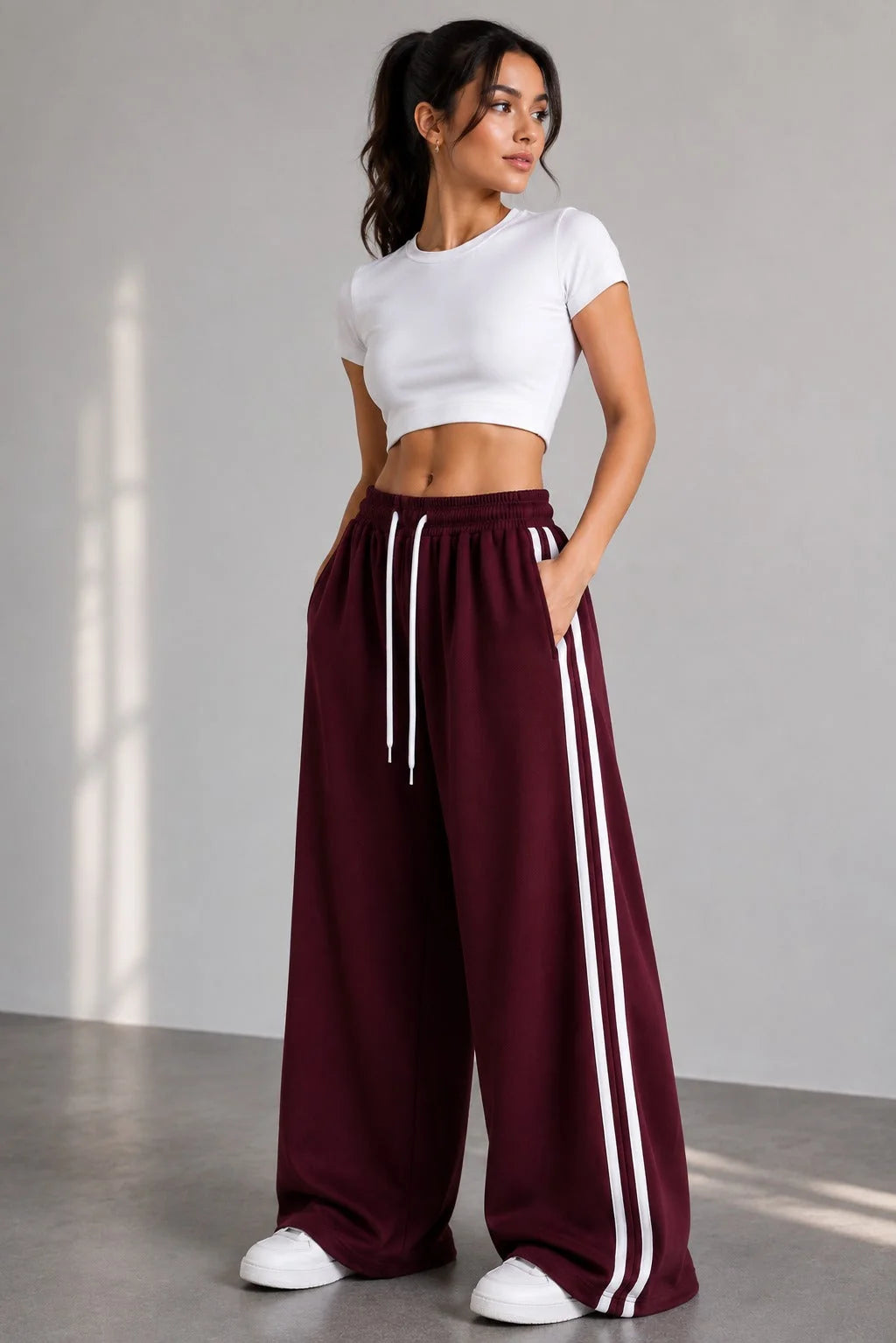 Maroon White Stripes Terry Baggy Trousers for her