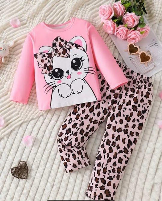 Pink cute kitty with cheetha Printed Pajama Night Suit for Kids