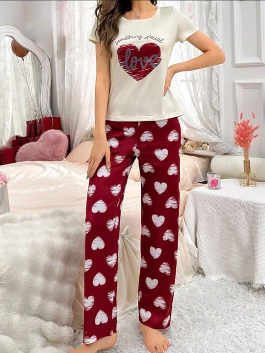 Off white hearts with Maroon Pajama Printed PJ Set For Her