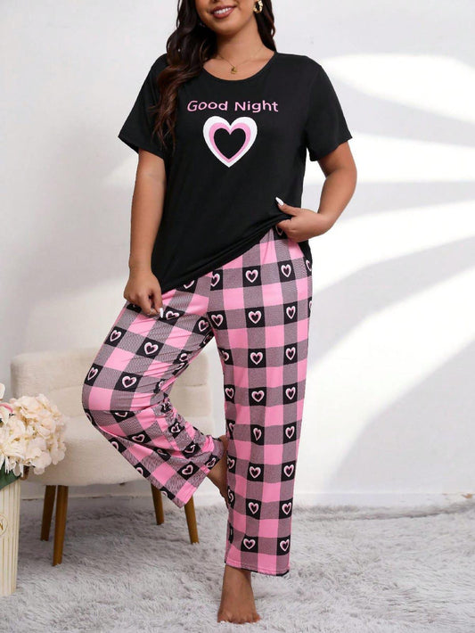 Black good Night with hearts  pajama Printed PJ Set For Her