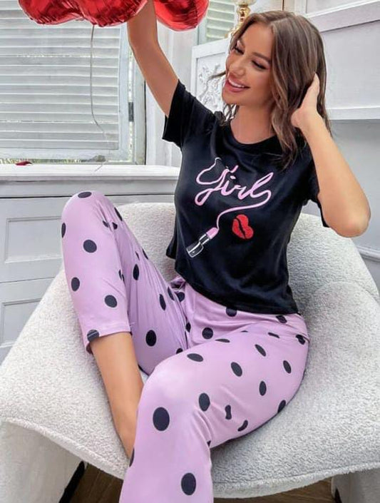 Black Girl print with polka purple Printed PJ Set For Her