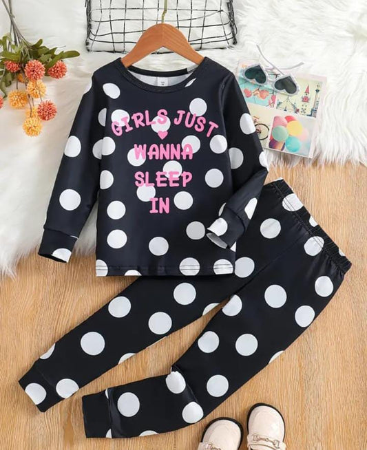 Black Polka Dot Wanna Sleep Printed Pajama Night Suit for Kids