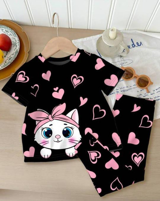 Black Kitty with pink hearts Printed Pajama Night Suit for Kids