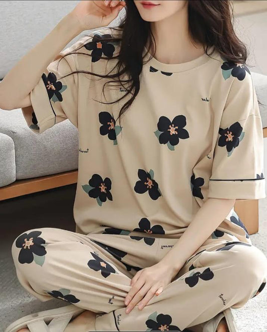 Brown BIG Black all over flowers Print Half Sleeves Printed Night Suit