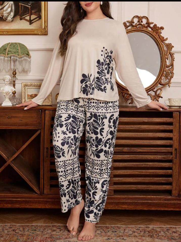 Off white Floral Print Half Sleeves with floral Printed pajama Night Suit