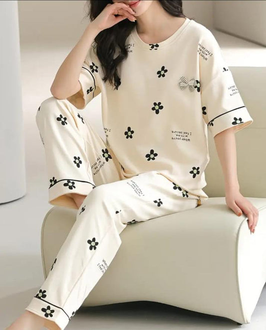 Off white Black all over flowers Print Half Sleeves Printed Night Suit