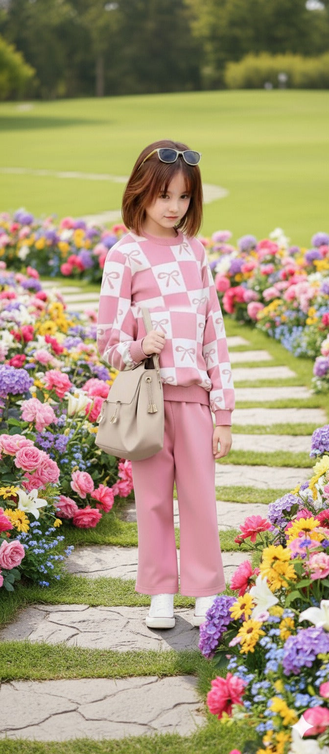 Pink Checkered Bow with Pink pajama Kids track suit