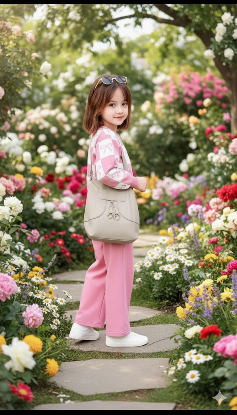 Pink Checkered Bow with Pink pajama Kids track suit