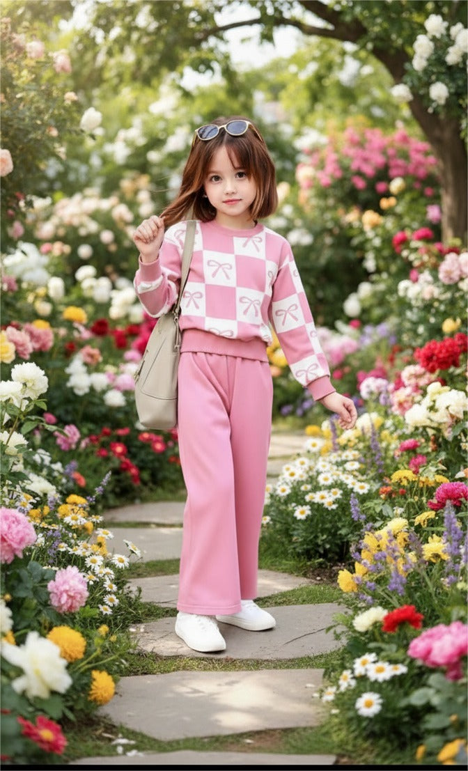 Pink Checkered Bow with Pink pajama Kids track suit