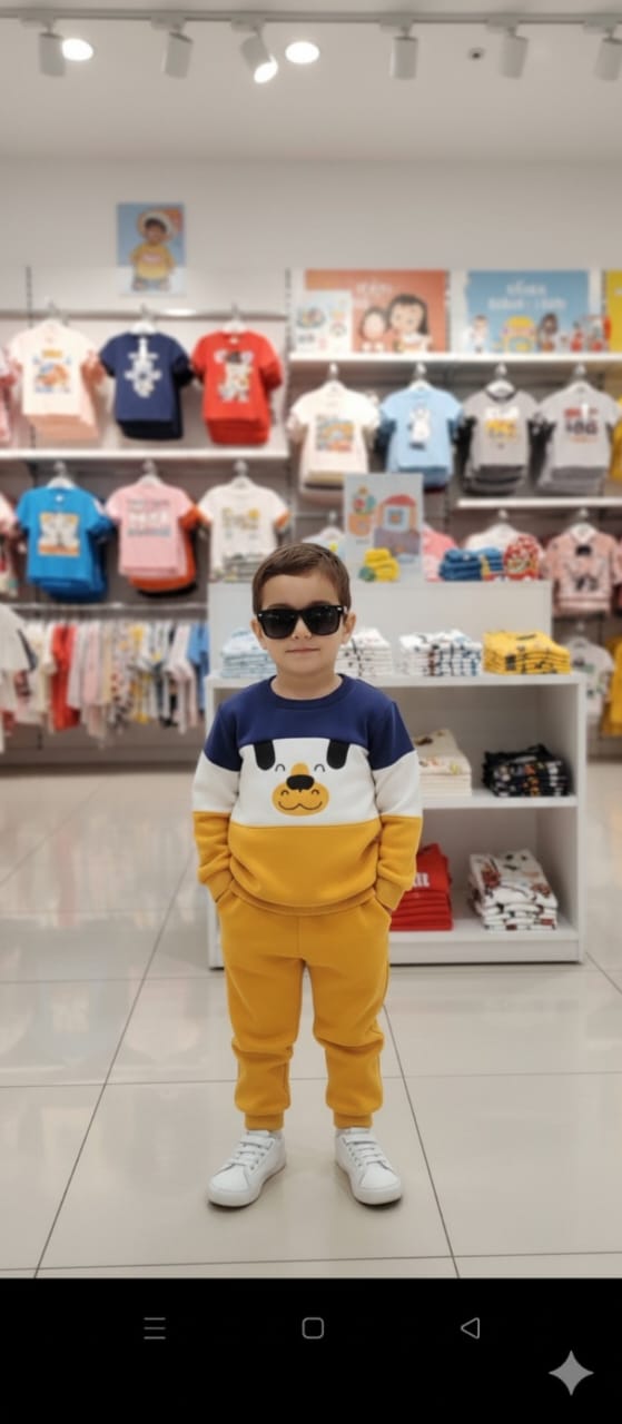 Yellow and Blue Happy DOG with yellow pajama Kids track suit