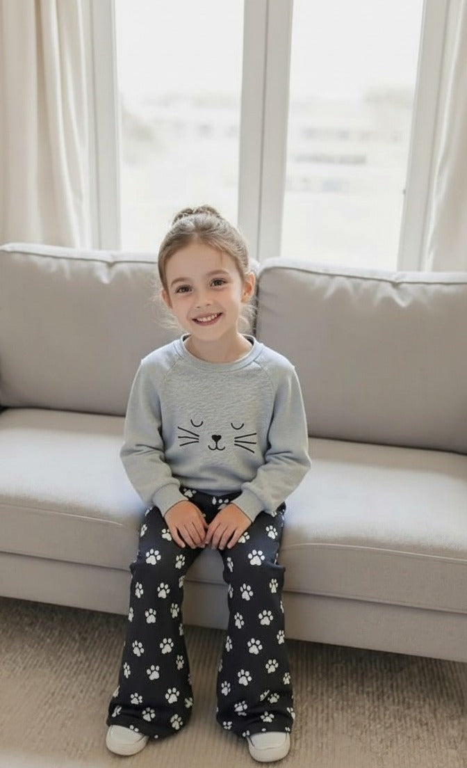 Grey Sleepy Cat with Foot Printed pajama Kids track suit