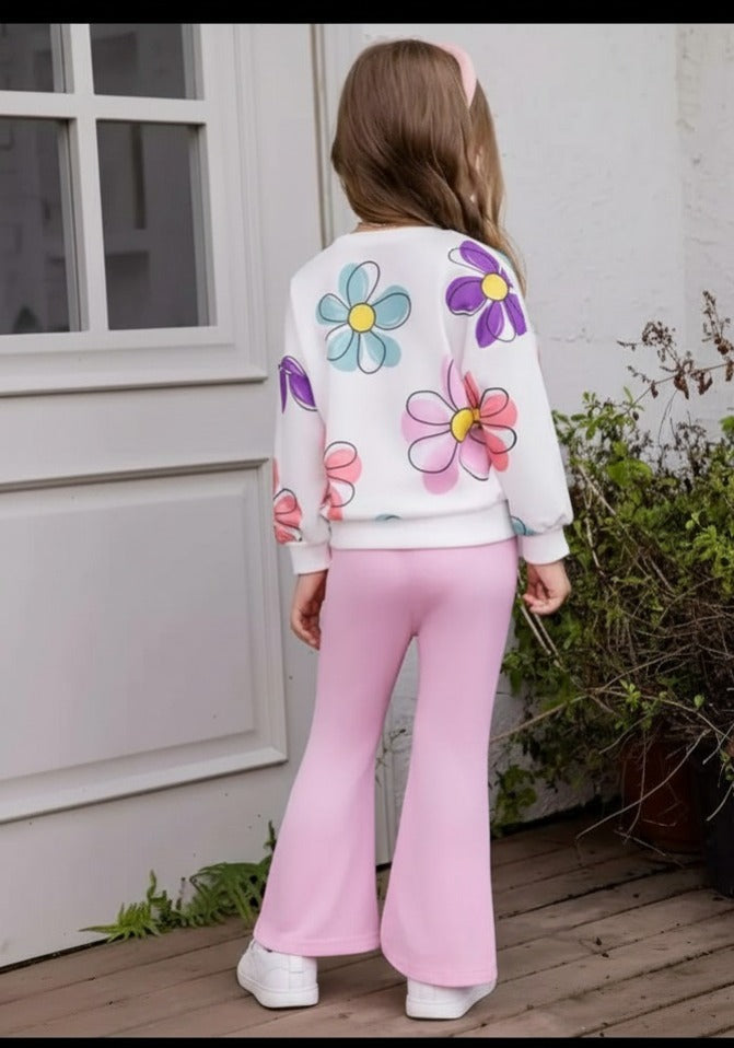 Off white Multi Big Flower Printed with Pink pajama Kids track suit