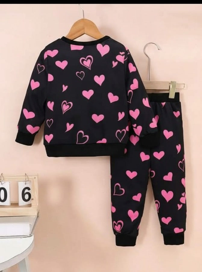 Black Kitty Sweat shirt with pink Hearts pajama Kids track suit