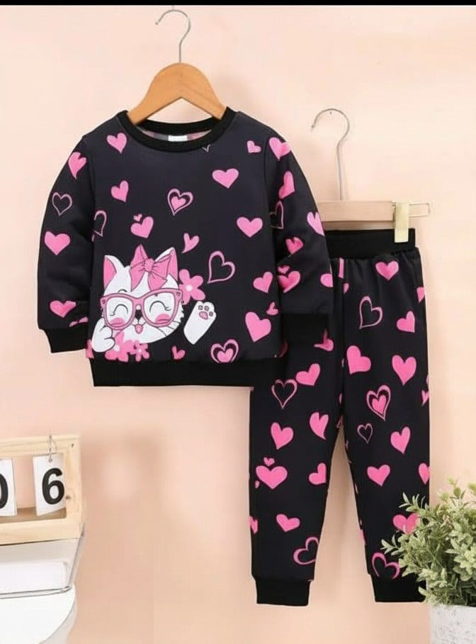 Black Kitty Sweat shirt with pink Hearts pajama Kids track suit