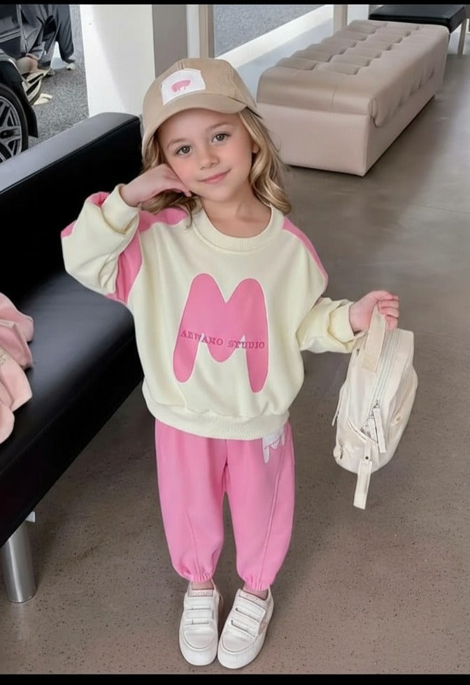 Off white BIG (M) Printed with Pink pajama Kids track suit