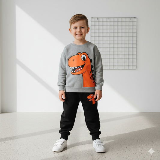 Grey Big Orange Dinosor with Black pajama Kids track suit
