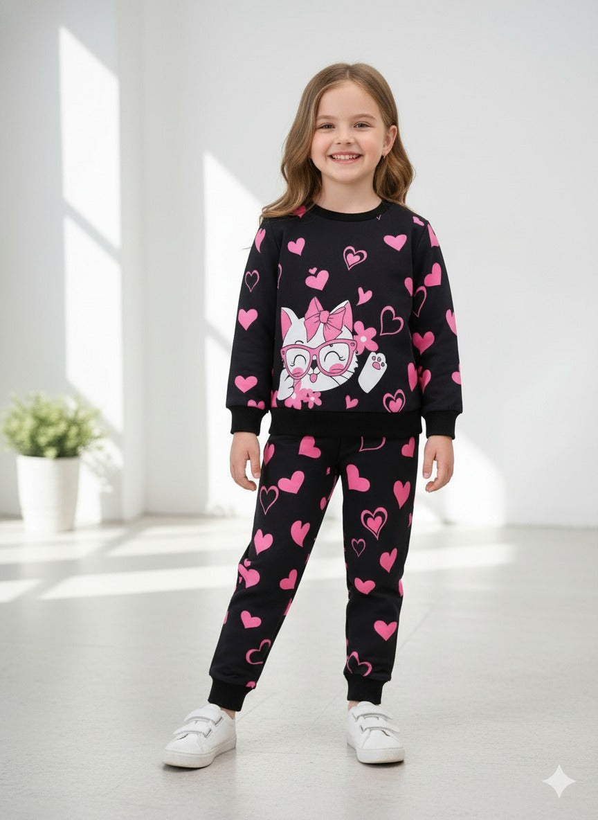 Black Kitty Sweat shirt with pink Hearts pajama Kids track suit