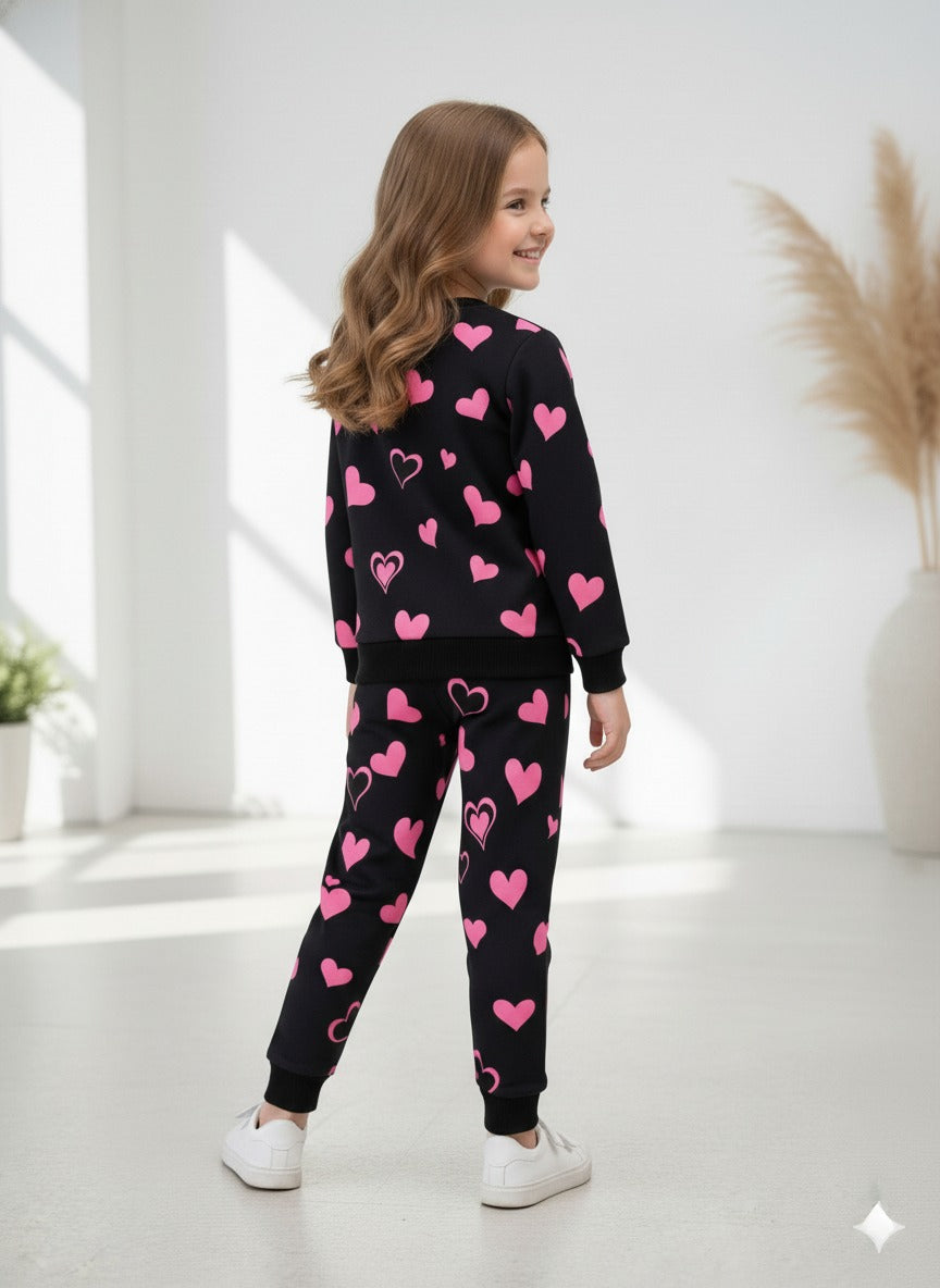 Black Kitty Sweat shirt with pink Hearts pajama Kids track suit