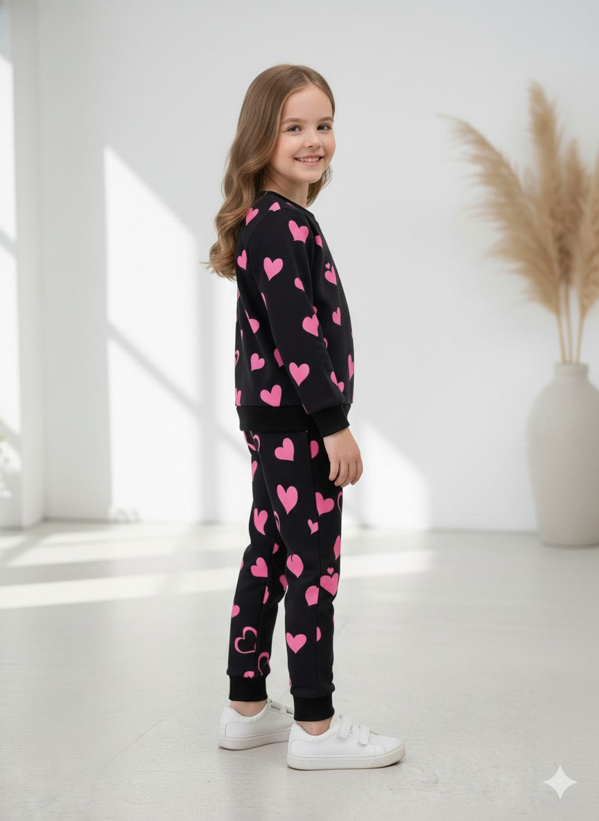 Black Kitty Sweat shirt with pink Hearts pajama Kids track suit