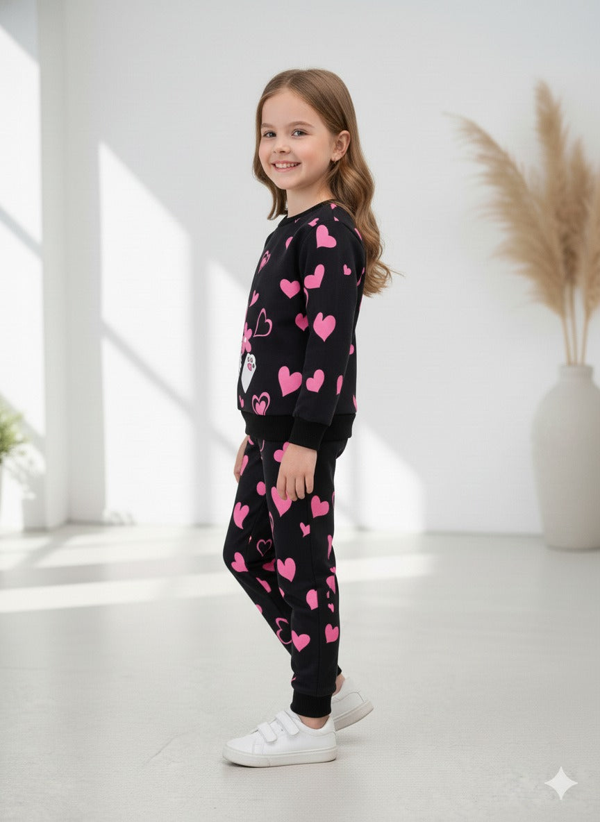 Black Kitty Sweat shirt with pink Hearts pajama Kids track suit