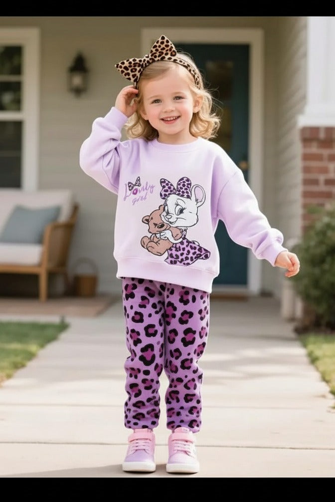lilac Lovely Girl Bow with Cheeta pajama Kids track suit