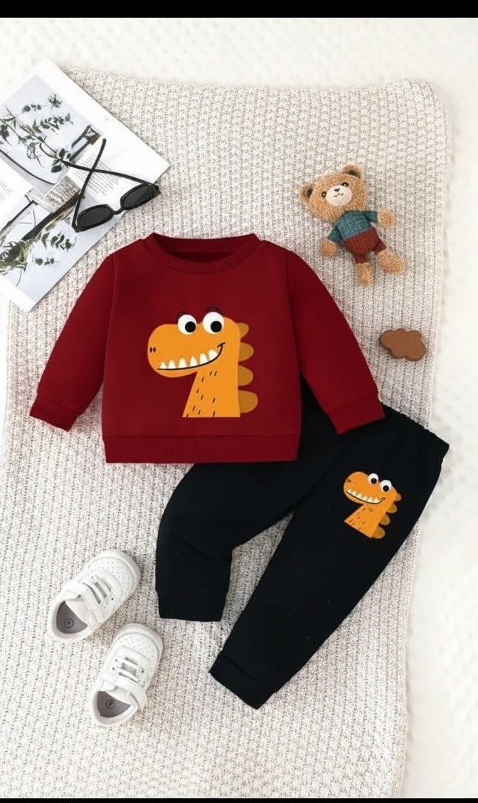 Maroon Big Orange Dinosor with Black pajama Kids track suit