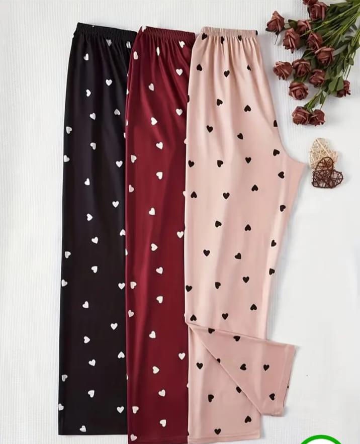 Pack Of 3 Multi Colored Hearts Printed Plazzo Pajamas For Ladies