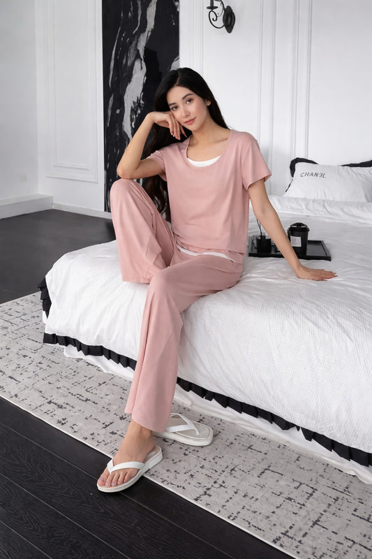 (New) Pink with white Round Neck half sleeves with plazo night suit