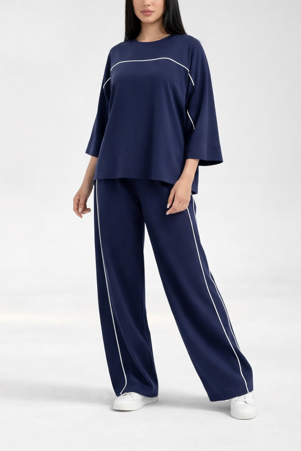 Navy Blue with White lining Plain plazzo night suit for her